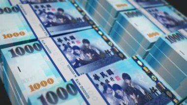 Tayvan Doları paketi 3D animasyon döngüsü. Döngüsüz finans, nakit, ekonomi, iş ve banka kavramı. TWD banknot desteleri üzerinde hareket eden kamera.