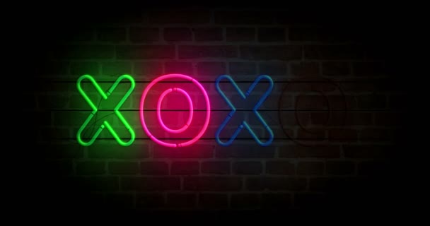 Xoxo Simbolo Neon Simbolo Sul Muro Mattoni Lampadine Colore Chiaro — Video Stock