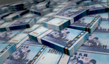 Tayvan Doları 'nın 3 boyutlu para paketi. TWD banknot desteleri. Maliye, nakit, ekonomi krizi, iş başarısı, durgunluk, banka, vergi ve borç kavramı.