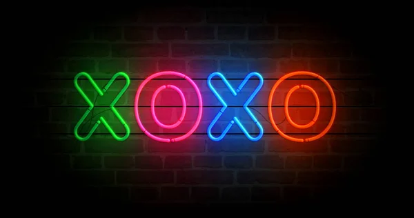 Xoxo符号霓虹灯符号 浅色灯泡 浪漫的问候 拥抱和亲吻的标志 抽象概念3D说明 — 图库照片