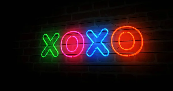 Xoxoシンボルネオンシンボル 愛と光の色電球 ロマンチックな挨拶 抱擁とキスのサイン アブストラクトコンセプト3Dイラスト — ストック写真