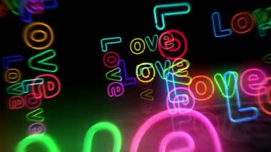 Aşk sembolü neon. Romantik teknoloji işaretli renkli ampuller. Tünel animasyonundan geçen soyut konsept 3D.