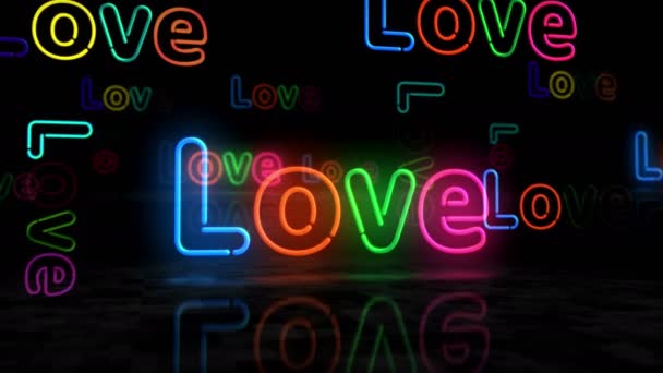 Liefde Symbool Neon Gloeiende Symbool Licht Gekleurde Lampen Met Romantische — Stockvideo