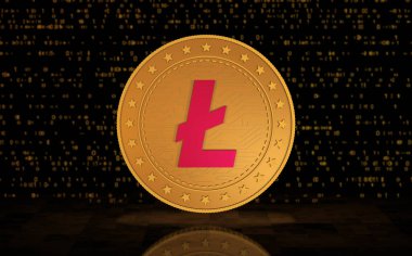 Yeşil ekranda Litecoin kripto para sembolü altın para. Soyut konsept 3d illüstrasyon.