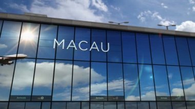 Çin, Macau 'ya iniş yapan bir jet uçağı 3 boyutlu animasyonu canlandırıyor. Cam havaalanı terminali ve uçağın yansıması ile şehre varış. Seyahat, iş, turizm ve ulaşım kavramı.