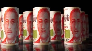 Singapur Doları yuvarlamaları 3D animasyon döngüsü. Kamera SGD 'nin önünde hareket ediyor. Kusursuz ekonomi, finans, nakit, iş ve borç kavramı.