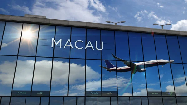 喷气式飞机在澳门着陆 中国3D渲染说明 带着玻璃机场候机楼和飞机的倒影到达城市 旅游和运输概念 — 图库照片
