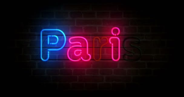 Paris Neon Symbool Bakstenen Muur Licht Gekleurde Lampen Met Romantisch — Stockvideo