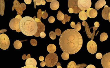 Dalgalanan XRP kripto para sembolü yeşil ekran arka planında altın para. Soyut konsept 3d illüstrasyon.