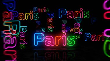 Paris 'in neon sembolü. Romantik işaretli renkli ampuller. Soyut konsept 3d illüstrasyon.