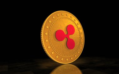 Dalgalanan XRP kripto para sembolü yeşil ekran arka planında altın para. Soyut konsept 3d illüstrasyon.