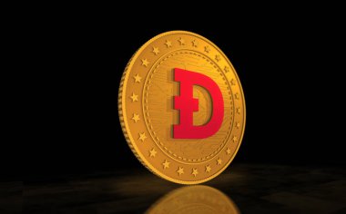 Dogecoin WOW şifreleme sembolü yeşil ekranda altın para. Soyut konsept 3d illüstrasyon.