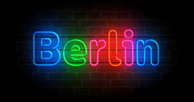 Berlin 'in neon sembolü. Romantik şehir tabelası olan ampuller. Soyut konsept 3d illüstrasyon.