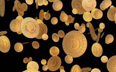 Dogecoin WOW şifreleme sembolü yeşil ekranda altın para. Soyut konsept 3d illüstrasyon.