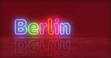 Berlin Almanya 'nın neon sembolü. Romantik şehir kulübü tabelası olan ampuller. Tünel animasyonundan geçen soyut konsept 3D.