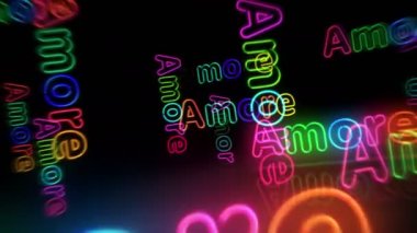 Amore aşk sembolü neon rengi. Romantik işaretli renkli ampuller. Tünel animasyonundan geçen soyut konsept 3D.