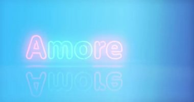 Amore aşk sembolü neon rengi. Romantik işaretli renkli ampuller. Tünel animasyonundan geçen soyut konsept 3D.