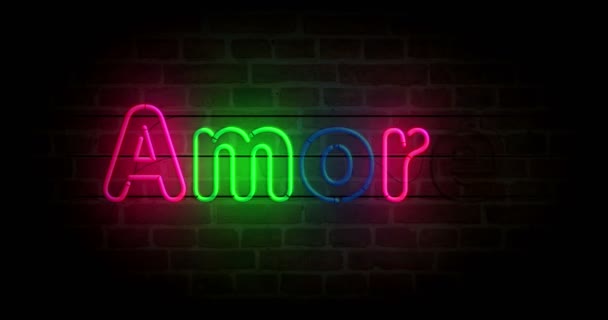 更多的爱的霓虹灯符号在砖墙上 带有浪漫标志的浅色灯泡 可浏览且无缝的抽象概念动画 — 图库视频影像