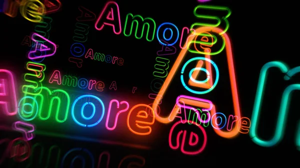 Amore Aşk Sembolü Neon Rengi Romantik Işaretli Renkli Ampuller Soyut — Stok fotoğraf