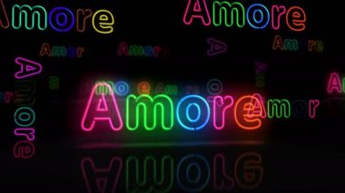 Amore aşk sembolü neon parlayan sembol. Romantik işaretli renkli ampuller. Soyut konsept 3d animasyon.