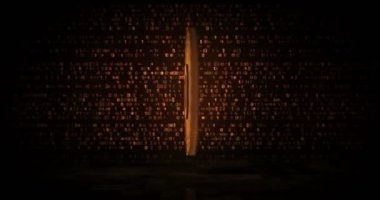 Dogecoin, Doge, WOW şifreleme altın sikkesi çevrilebilir dijital arka planda. Üç boyutlu kusursuz döngü konsepti. Dönen altın metal döngüsü soyut animasyon.