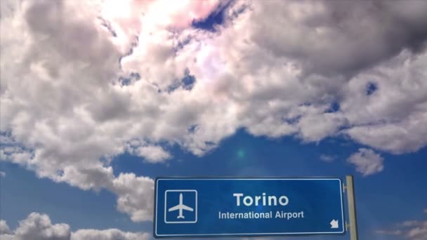 Jet Plane Landing Torino Italy City Arrival Airport Direction Sign — Stock Video