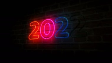 2022 yıllık neon tuğla duvar. Renkli ampuller. Soyut konsept 3d animasyon.