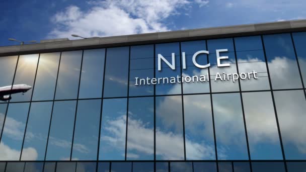 Nice Fransa Jet Uçağı Iniyor Animasyon Cam Havaalanı Terminali Uçağın — Stok video