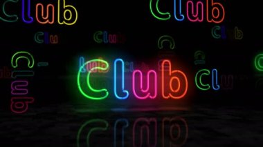 Kulüp sembolü neon parıltısı. Retro şehir işaretli renkli ampuller. Soyut konsept 3d animasyon.