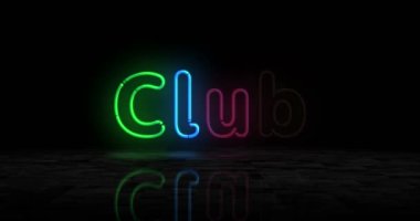 Kulüp sembolü neon parıltısı. Retro şehir işaretli renkli ampuller. Soyut konsept 3d animasyon.