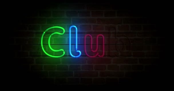 Club Neon Simbolo Sul Muro Mattoni Lampadine Colori Con Segno — Video Stock