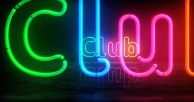 Neon kulüp sembolü. Retro şehir işaretli renkli ampuller. Soyut konsept 3d illüstrasyon.