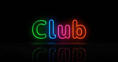 Neon kulüp sembolü. Retro şehir işaretli renkli ampuller. Soyut konsept 3d illüstrasyon.