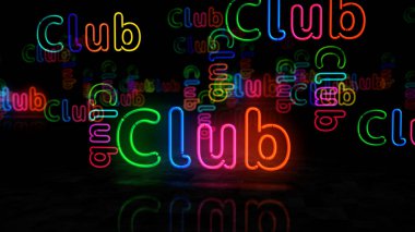 Neon kulüp sembolü. Retro şehir işaretli renkli ampuller. Soyut konsept 3d illüstrasyon.
