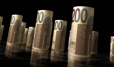 Euro money pack 3d illustration. 200 EUR banknote bundle stacks. Concept of finance, cash, economy crisis, business success, recession, bank, tax and debt. European Union Next Generation program.