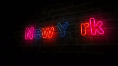 New York USA neon on brick wall. Light color bulbs with romantic city club sign. Abstract concept 3d animation.