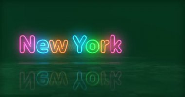 New York USA symbol neon symbol. Light color bulbs with romantic city club sign. Abstract concept 3d flying through the tunnel animation.