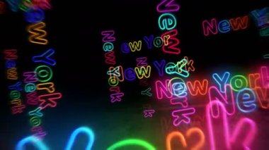 New York USA symbol neon symbol. Light color bulbs with romantic city club sign. Abstract concept 3d flying through the tunnel animation.