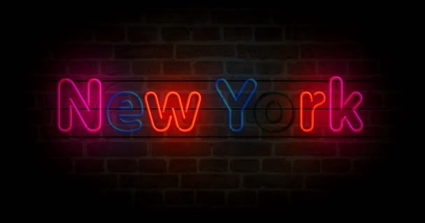 レンガの壁にニューヨークのネオンシンボル シティクラブの看板がついた電球 ループ可能でシームレスな抽象概念アニメーション — ストック動画