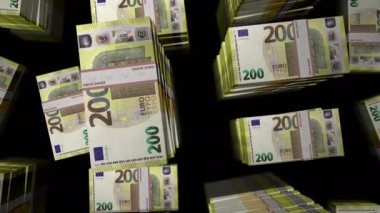 Avrupa para paketi döngüsü. EUR üzerinden uçuş banknotları üst görünüm istifliyor. Üç boyutlu, kusursuz bir animasyon. Ekonomi, kriz, bankacılık, işletme, durgunluk, borç, Avrupa 'da finans gibi soyut arka plan kavramları.