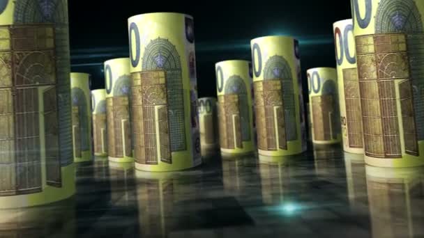 ユーロはループ3Dアニメーションを展開します テーブルの上のお金 ユーロ紙幣の間のカメラ ビジネスの成功 不況とEuの債務のシームレスでループ可能な抽象的な概念 — ストック動画