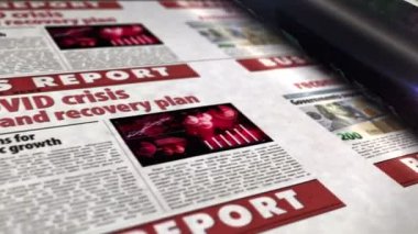 COVID krizi sonrası yeniden yapılanma ve kurtarma planı. Ekonomik durgunluğu, borsayı, ekonomiyi ve gazeteleri bitirin. Soyut konsept 3D renklendirme kusursuz döngülü animasyon.