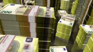 Euro para paketleri döngüsü. 3D uçuş 200 EUR 'dan fazla banknot kuleleri istifliyor. Döngüsüz, kusursuz animasyon. AB 'de iş dünyası, enflasyon, ekonomik kriz, durgunluk, borç, finans gibi soyut kavram.