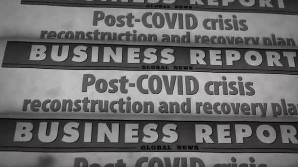 Covid後の危機復興と復興計画 株式交換 経済およびビジネスニュースの終わり ヴィンテージ新聞印刷抽象的なコンセプト レトロ3D黒と白のアニメーション — ストック動画