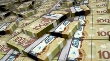 Kanada Doları banknot döngüsü. Aşağılık para yığınları. İş, ekonomi, bankacılık ve finans kavramı. Para paketlerinin üzerinde kamera var. Döngüsüz 3D canlandırma.