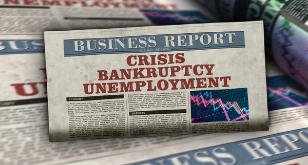 Crisis, bankruptcy and unemployment business news. Daily newspaper print. Vintage paper media press abstract concept. Retro style 3d rendering illustration. Economy and market collapse concept.