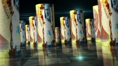 Kanada Doları ruloları 3D döngü animasyonu. Masada para var. Alçak banknotlar arasındaki kamera. Kusursuz ve döngüsüz soyut ekonomi, finans, iş, durgunluk ve borç kavramı.