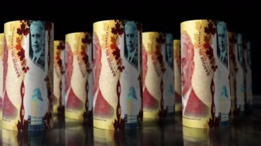 Kanada Doları yuvarlanan 3D animasyon döngüsü. Kameralar banknotların önünde hareket ediyor. Kanada 'da kusursuz döngüsüz ekonomi, finans, nakit, iş ve borç kavramı.