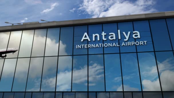 Jet Aircraft Landing Antalya Turkey Rendering Animation Arrival City Glass — Stok video