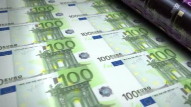 Euro para banknotları rulo makinası. Kağıt banknot izi 3D döngü kusursuz. Avrupa Birliği 'nde bankacılık, borç, gelir, finans, ekonomi ve kriz gibi soyut kavramlar.